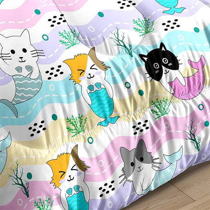 Girls Cat Bedding Set Queen Size - 3Pcs Cute Cartoon Mermaid Tail Cat Patterns Comforter Set for Girls Boys Kids Bedroom Cat Bedding Room Decor for All Season, 1 Comforter 2 Pillow Cases