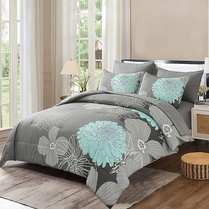 Yiran 7 Pieces Bed in a Bag Floral Comforter Set Green Flowers Bedding Set Soft Microfiber King Comforter Sets with 1 Comforter 1 Flat Sheet 1 Fitted Sheet 2 Pillowshams and 2 Pillowcases