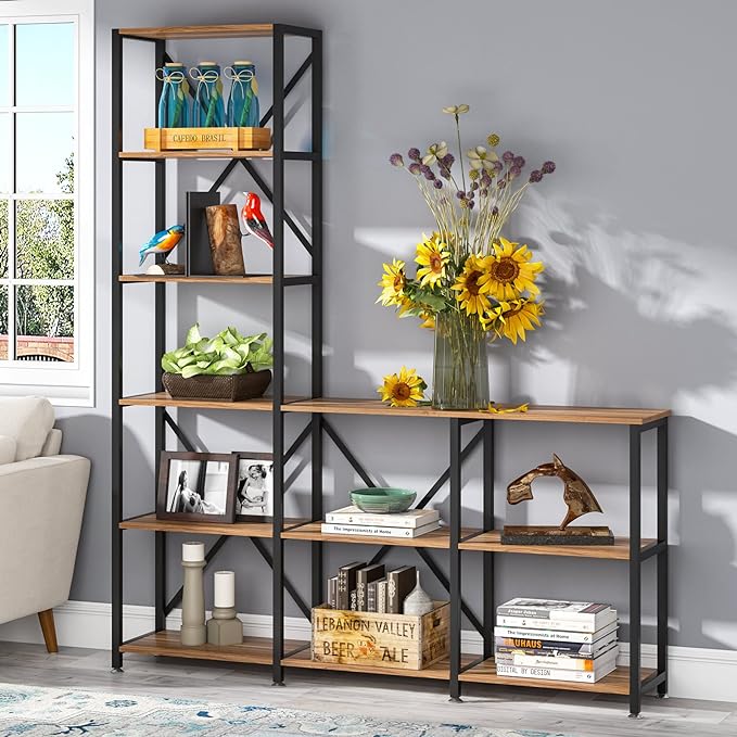 Tribesigns 9 Shelves Bookshelves, Industrial Ladder Corner Etagere Bookcase, Rustic 6-Tier Display Open Shelf Storage Organizer for Living Room
