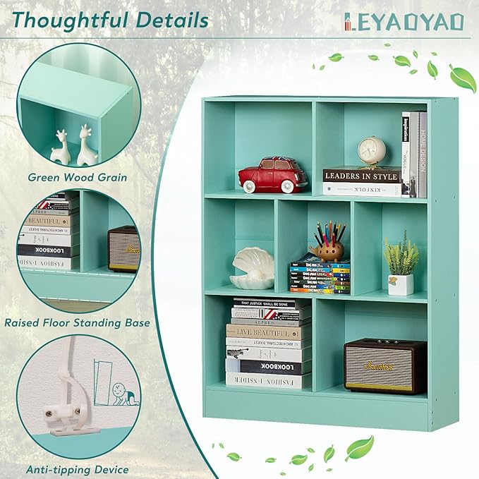 LEYAOYAO 7 Cube Bookshelf with Base,3 Tier Modern Mint-Green Kids Bookcase,Standing Wide Bookshelves Storage Organizer Toy Shelf,Wood Display Children's Book Shelves for Bedroom,Living Room,Nursery