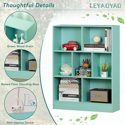 LEYAOYAO 7 Cube Bookshelf with Base,3 Tier Modern Mint-Green Kids Bookcase,Standing Wide Bookshelves Storage Organizer Toy Shelf,Wood Display Children's Book Shelves for Bedroom,Living Room,Nursery