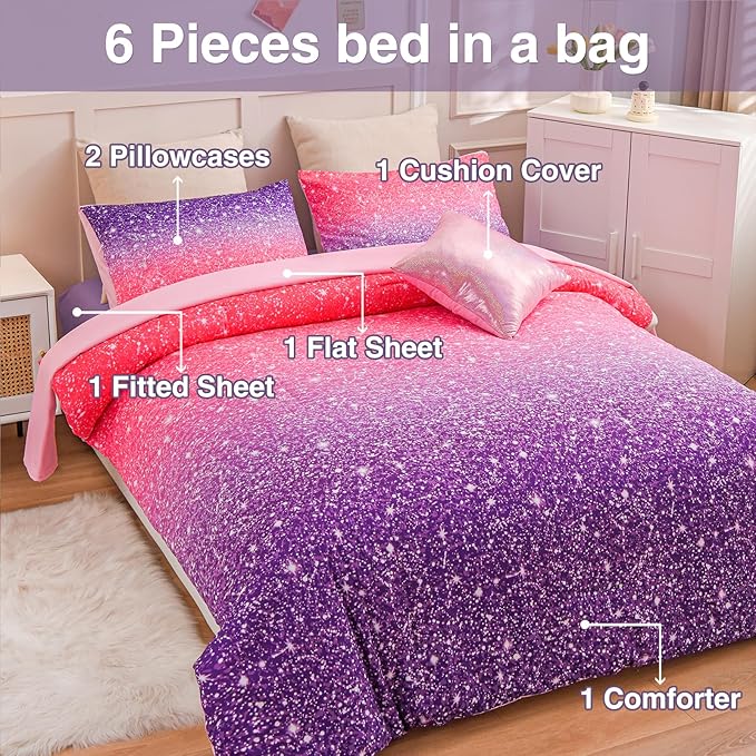 A Nice Night Girls Comforter Set Twin Size 6 Piece Bed in A Bag 3D Colorful Sparkle Galaxy Rainbow Bedding Comforter Sheet Sets for Kids,RedPurple