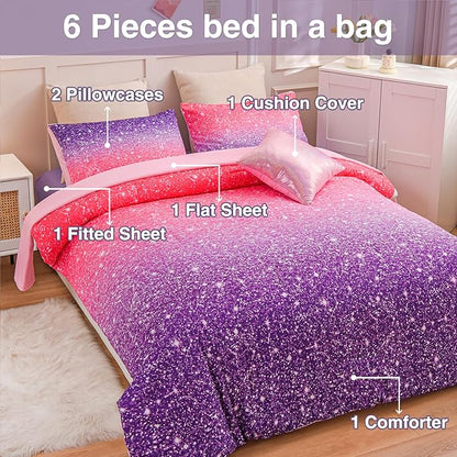 A Nice Night Girls Comforter Set Twin Size 6 Piece Bed in A Bag 3D Colorful Sparkle Galaxy Rainbow Bedding Comforter Sheet Sets for Kids,RedPurple