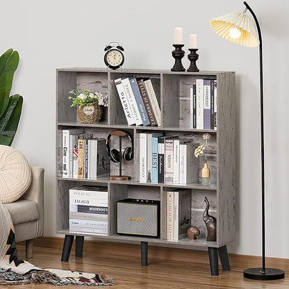 LEYAOYAO 8 Cube Bookshelf,3 Tier Bookcase with Legs,Modern Grey Mid-Century Bookshelves,Large Farmhouse Open Storage Organizer Shelf, Retro Wooden Display Book Case for Bedroom,Living Room,Office
