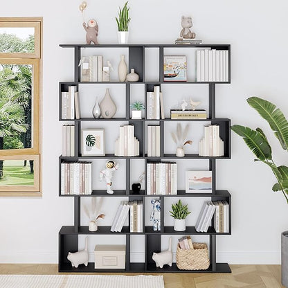 Yusong S Shaped Bookshelf, Modern Geometric Bookcase, 6-Tier Black Display Case Book Shelf