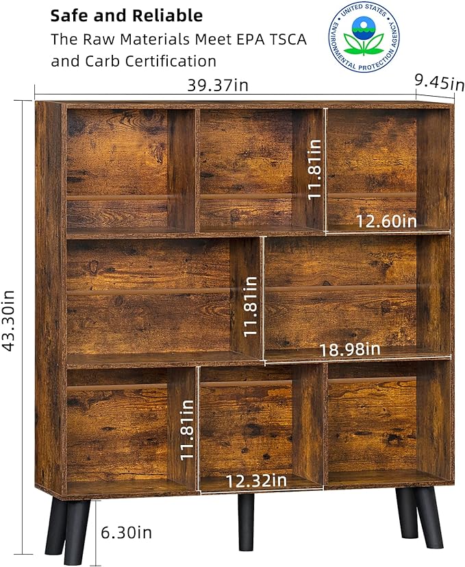 LEYAOYAO 8 Cube Bookshelf,3 Tier Bookcase with Legs,Rustic Brown Mid-Century Modern Bookshelves,Large Open Storage Organizer Shelf, Wooden Book Case