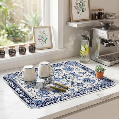 Chinoiserie Dish Drying Mat for Kitchen Coffee Bar 18x24 in Home Decor | Chinese Aesthetic Non Slip Absorbent Kitchen Dishes Drainer Mat, with Anti-slip Rubber Backing & Hanging Loop, for Sink