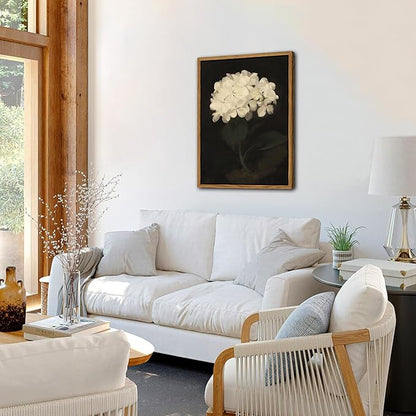 Framed Wall Art for Living Room – Vintage White Hydrangea Oil Painting Canvas Prints, Aesthetic Bedroom Wall Art, Kitchen Decor for Shelves, Bathroom Office Artwork Wall Decor – 16x24in