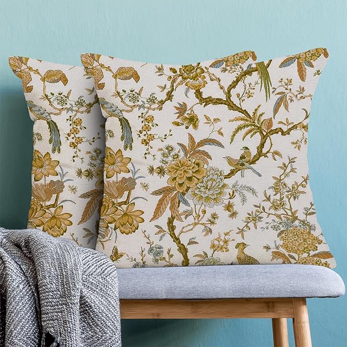 CXMEIFLY Summer Floral Birds Pillow Covers 16 x 16 Inch Set of 2 for Chinoiserie Flowers Spring Decor Throw Pillows Mustard Yellow Plant Outdoor Decorative Cushion Cases for Couch Bed Decorations