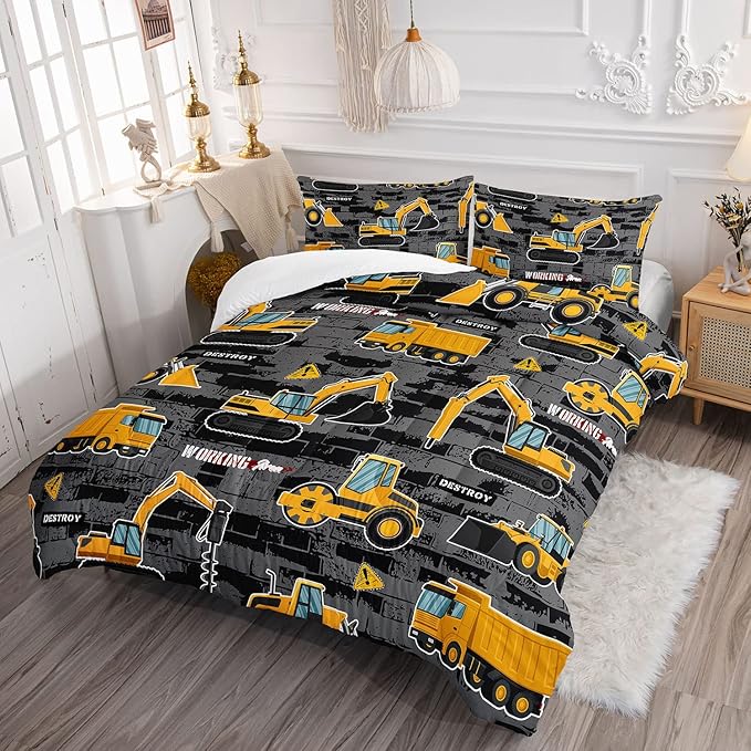 Datura home Kids Engineering Car Bedding Comforter Set Tractor Truck Printed Pattern Bedding Set with 1 Comforter and 2 Pillowcases for Boys Bedroom All Season(Truck2 Full) Full 80x90inches
