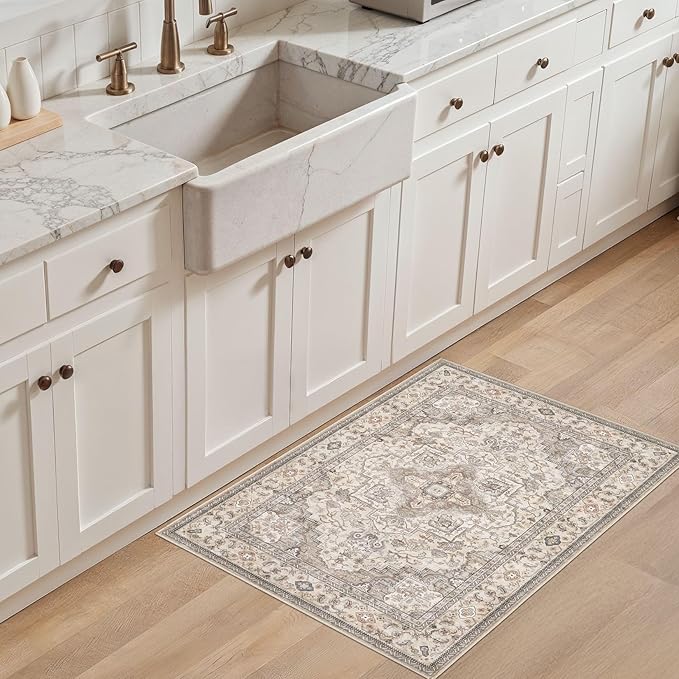 Washable Area Rugs for Living Room -2x3 Neutral Vintage Distressed Floral Farmhouse Boho Large Soft Floor Rug Indoor Non Slip Carpet for Bedroom Dining Room Office - Brown/Multi