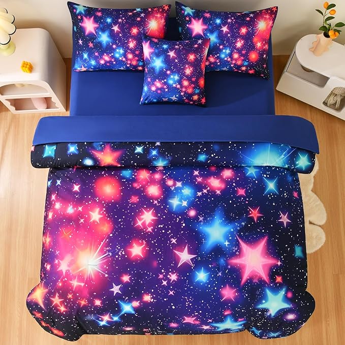 DORCAS Star Full Size Comforter Sets with Sheets for Girls Kids,6 Piece Starry Sky Bedding Set Full,All Season Down Bed in a Bag(Colorful,Full)