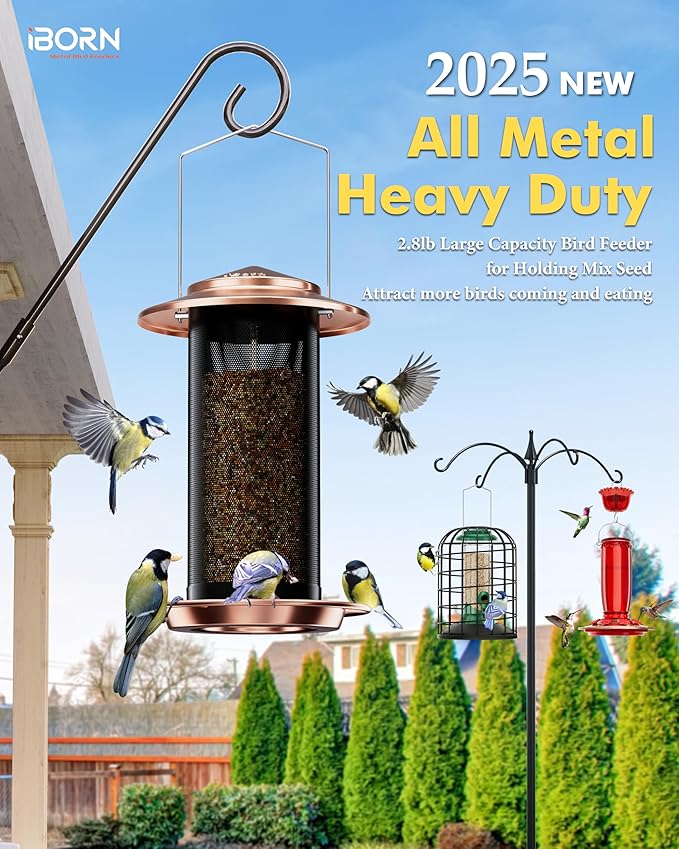 iBorn Bird Feeders for Outdoors, All Metal Mesh Tube, Holding Bird Seed for Outside Feeders,18cm Large Roof, Copper, 2.8lb(Seed is not Included)