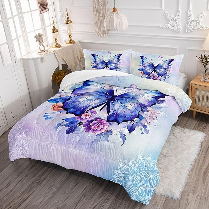 Datura home Kids Comforter Set Butterfly Printed Pattern Bedding Set with 1 Comforter and 2 Pillowcases for Girls Boys Bedroom All Season(Butterfly3 Full)