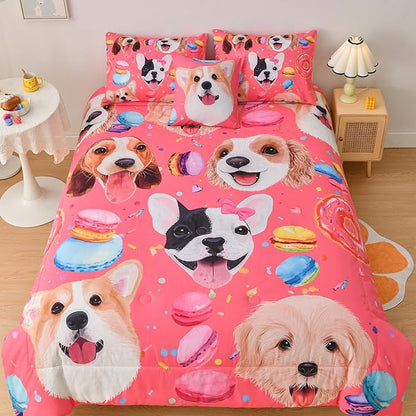 DORCAS Pink Twin Comforter Set for Girls Cute Dog Bedding Sets Twin Girls 6 Pieces Animal Twin Bed-in-A-Bag with Comforter,Sheets,Pillowcases for Kids