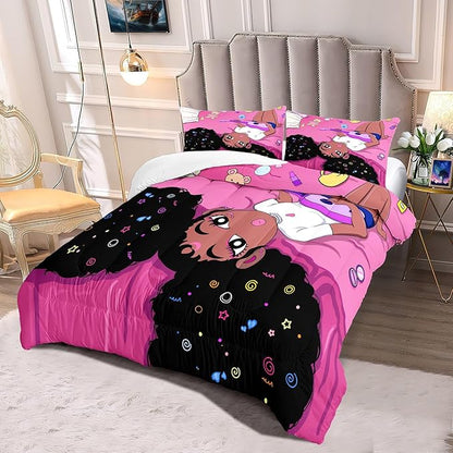 Black African American Girls Full Size Comforter Sets - Black Girl Full Size Bedding Sets for Girls Pink Princess Bedroom Sets Room Decor Full Size Comforter Set, 1 Comforter+2 Pillowcases