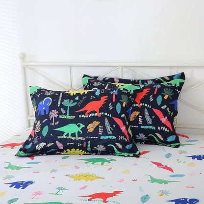 Kids Boys Dinosaur Comforter Set Full Size 7 Piece Bed in a Bag Colorful Dino Bedding Set for Child Teens (1 Comforter, 1 Flat Sheet, 1 Fitted Sheet, 2 Pillow Shams, 2 Pillowcases)