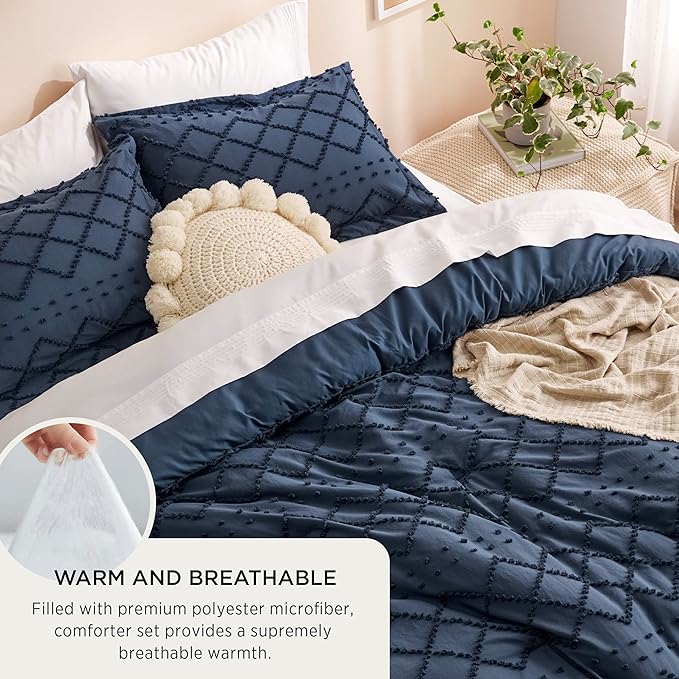 Bedsure California King Comforter Set - Navy Comforter, Boho Tufted Shabby Chic Bedding Comforter Set, 3 Pieces Farmhouse Bed Set for All Seasons, Fluffy Soft Bedding Set with 2 Pillow Shams