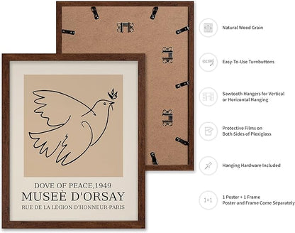 Poster Master Vintage Poster - Retro Minimalist Print - Gift for Artist, Friend - Dove Of Peace, Line Drawing, Sketch, Abstract - Wall Decor for Living Room, Bedroom, 16x20 Brown Framed