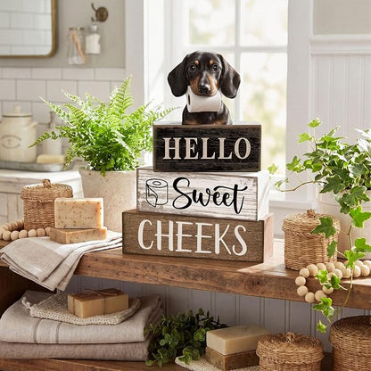 Moucuny 4 Pcs Dachshund Bathroom Decor Set Funny Toilet Wooden Tiered Tray Decor Farmhouse Dachshund Centerpiece Rustic Bathroom Shelf Decoration Hello Sweet Cheeks Decoration for Home Office