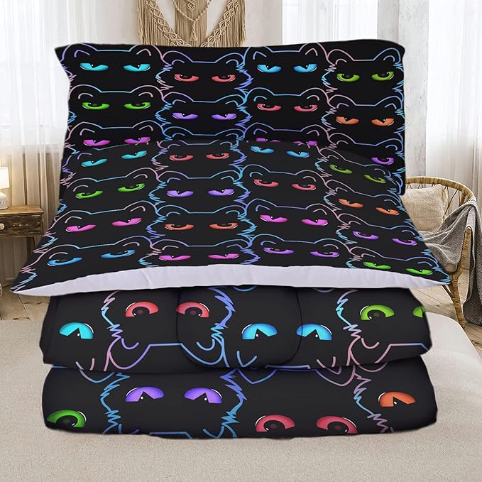 Sunnycitron Cartoon Cat Bedding Cute Cat Comforter Twin Black Cat Comforter set Gradient Line Cat Quilt 3D Neon Cat Bed set Black Cat Bedding set for Teens Kids Boys Girls Adults