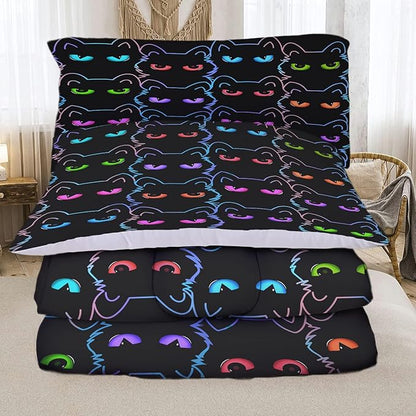 Sunnycitron Cartoon Cat Bedding Queen Comforter set Black Cat Comforter set Gradient Line Cat Quilt 3D Neon Cat Bed set Black Cat Bedding set for Teens Kids Boys Girls Adults