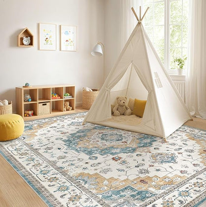Washable Area Rugs for Living Room - 5x7 Neutral Vintage Distressed Floral Farmhouse Boho Large Soft Floor Rug Indoor Non Slip Carpet for Living Room Bedroom Dining Room Office - Blue/Yellow/Beige