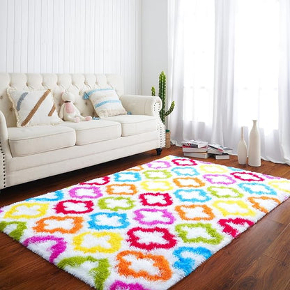 Tepook Fluffy Colorful Rug for Kids, Shaggy Soft Rainbow Area Rugs for Girls Bedroom, Indoor Modern Geometric Moroccan Rugs Plush Girls Kids Rug for Playroom Teens Room Nursery Home Decor, 4 X 6 ft