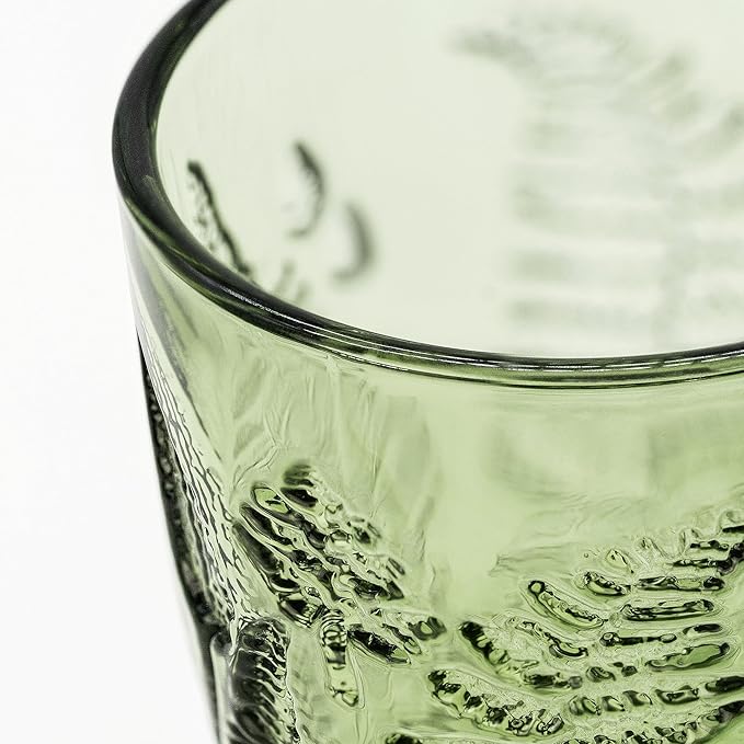 Green Drinking Glasses Set of 8, 10 oz Glass Cups, Vintage Fern Glassware | Hand-Pressed, Dishwasher Safe, Boho Leaf-Textured Drinkware, Colored Embossed Lowball Tumblers for Water, Retro Kitchen Gift