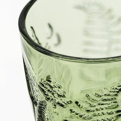 Green Drinking Glasses Set of 8, 10 oz Glass Cups, Vintage Fern Glassware | Hand-Pressed, Dishwasher Safe, Boho Leaf-Textured Drinkware, Colored Embossed Lowball Tumblers for Water, Retro Kitchen Gift