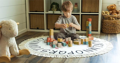 Round ABC Rug for Kids Playroom - 4ft Lovely Boho Rainbow Rug, Ultra Soft & Non Slip - Alphabet Circle Area Carpet for Nursery Toddler Baby Room - Colorful Cute Decor Mat for Girl & Boy, 47 inch
