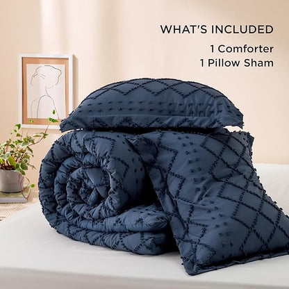 Bedsure Twin/Twin XL Comforter Set - Navy Boho Twin Extra Long Comforter Set for College, Shabby Chic Dorm Bedding Set, 2 Pieces Modern Farmhouse Bed Set, includes 1 Pillow Sham