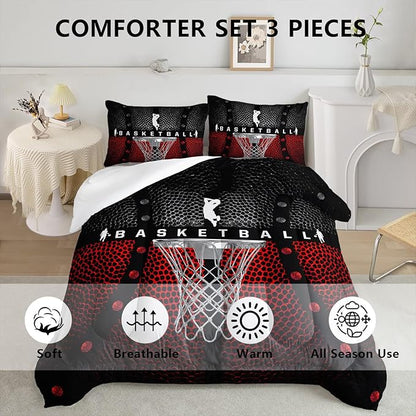 Axolotl Basketball Bedding Set for Boys Kids Teens,Soft Black and Red Sports Theme Basketball Bedding Sets Twin Size with 1 Comforter and 2 Pillowcases All Season