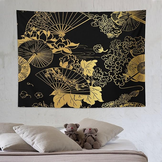 HZOHNAGO Japanese Tapestry Gold Flowers Umbrella Fan Pattern Printed Wall Tapestry Painting Wall Hanging for Bedroom Living Room Dorm 80" W x 60" H