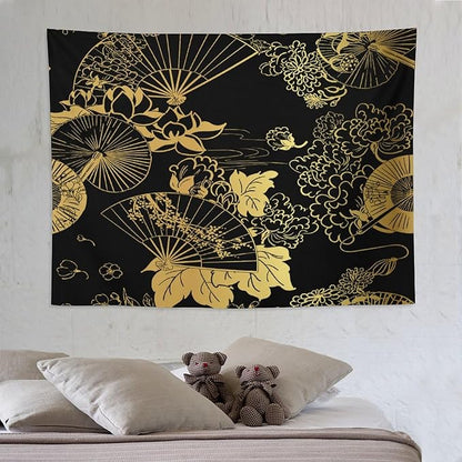 HZOHNAGO Japanese Tapestry Gold Flowers Umbrella Fan Pattern Printed Wall Tapestry Painting Wall Hanging for Bedroom Living Room Dorm 80" W x 60" H