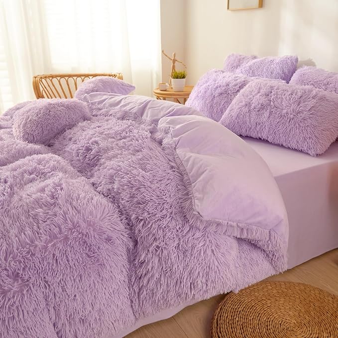 Fluffy Lilac comforters Cover twin size - Ultra Soft Plush Lilac bedding Sets 2 Pieces (1 faux fur comforter Cover + 1 fuzzy pillow case) girls shaggy Lilac twin bed set (Lilac, Twin)