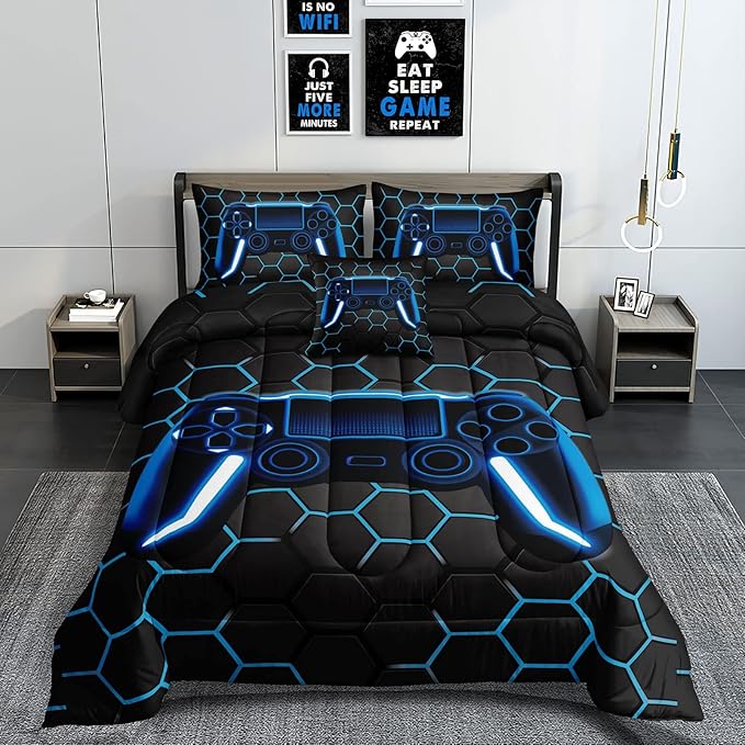 6 Pieces Gaming Bedding Set for Boys Gamer Comforter Set Queen Size,Game Controller Comforter for Boys Kids Teen 3D Gamepad Microfiber Bedding Sets 6 Pieces Bed in A Bag Sets H50022,Queen