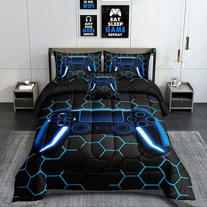 6 Pieces Gaming Bedding Set for Boys Gamer Comforter Set Queen Size,Game Controller Comforter for Boys Kids Teen 3D Gamepad Microfiber Bedding Sets 6 Pieces Bed in A Bag Sets H50022,Queen