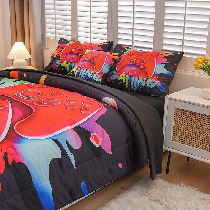Aimuan Gaming Comforter Sets for Boys Kids Bedding Sets Video Games Console Action Buttons Novelty Colorful Game Gamepad Controller Modern Gamer Room Decor Home Quilt Set (Queen 6 Pcs,Black)