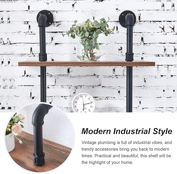 HOMBAZAAR Industrial Bookshelf, 7-Tier Industrial Pipe Bookshelf, Wall Mounted Ladder Shelves with Metal Frame for Home Office, Living Room, Oak Brown