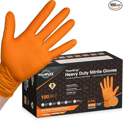 TitanFlex Heavy Duty Industrial Orange Nitrile Gloves, 8-mil, Gloves Disposable Latex Free with Raised Diamond Texture Grip, Powder Free, Rubber Glove, Mechanic Gloves,100-ct Box (Large)