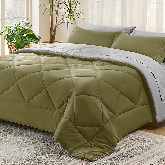Bedsure Olive Green King Size Comforter Set - 7 Pieces Reversible King Bed in a Bag King Bed Set with Comforters, Sheets, Pillowcases & Shams, King Bedding Sets