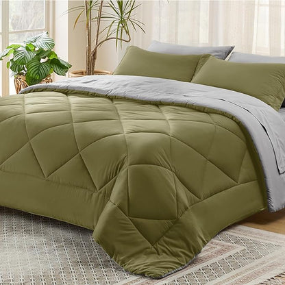 Bedsure Olive Green King Size Comforter Set - 7 Pieces Reversible King Bed in a Bag King Bed Set with Comforters, Sheets, Pillowcases & Shams, King Bedding Sets