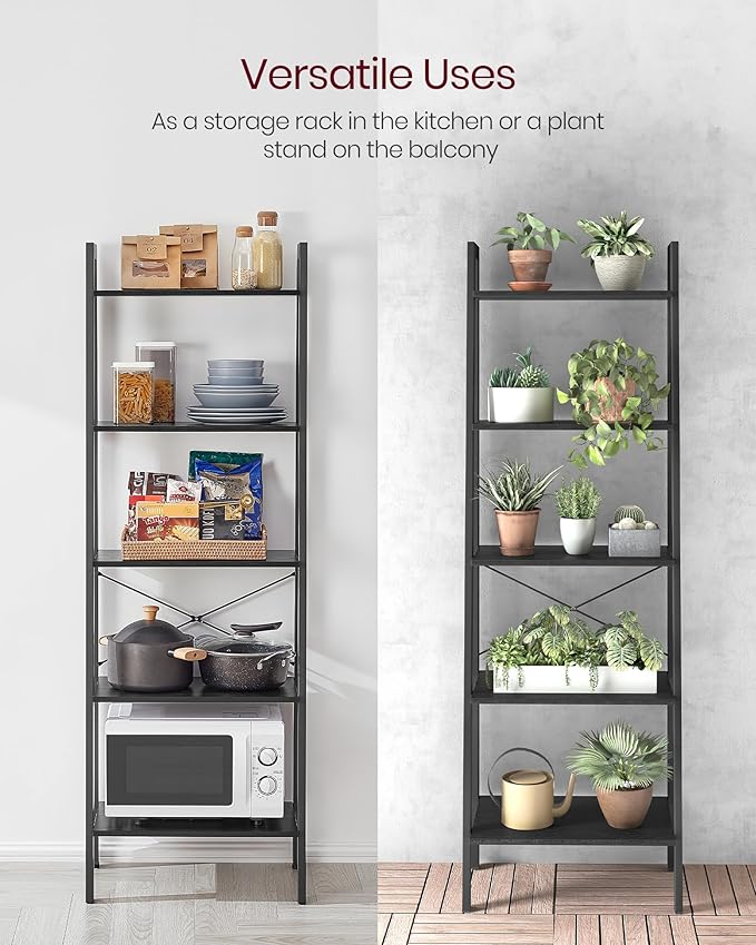 VASAGLE Ladder Shelf, 5-Tier Bookshelf, Storage Rack, Bookcase with Steel Frame, for Living Room Home Office, Kitchen, Bedroom, Industrial Style, Ebony Black + Black