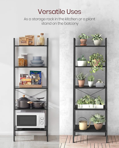 VASAGLE Ladder Shelf, 5-Tier Bookshelf, Storage Rack, Bookcase with Steel Frame, for Living Room Home Office, Kitchen, Bedroom, Industrial Style, Ebony Black + Black