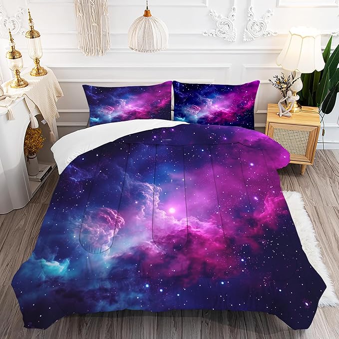 Galaxy Bedding Twin Size Purple Outer Space Comforter Set for Girls Boys Kids Children Bedroom Dorm Quilt 1 Comforter + 1 Pillow Case