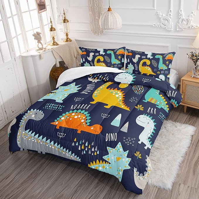 Datura home Bedding Comforter Set Kawaii Cartoon Dinosaur Printed Pattern with 1 and 2 Pillowcases for Boys Bedroom All Season(Cute Dinosaur Full) Full 80x90inches
