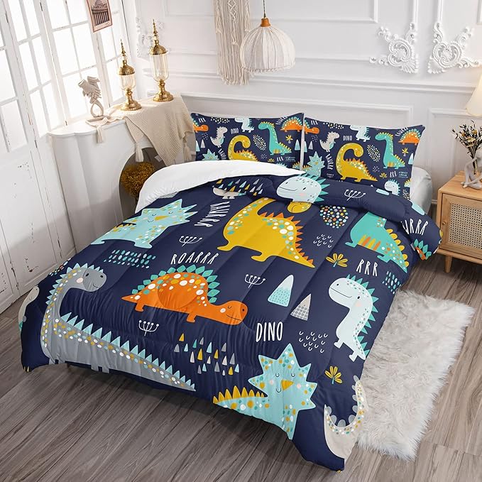 Datura home Bedding Comforter Set Kawaii Cartoon Dinosaur Printed Pattern Bedding Set with 1 Comforter and 2 Pillowcases for Boys Bedroom All Season(Cute Dinosaur Queen)