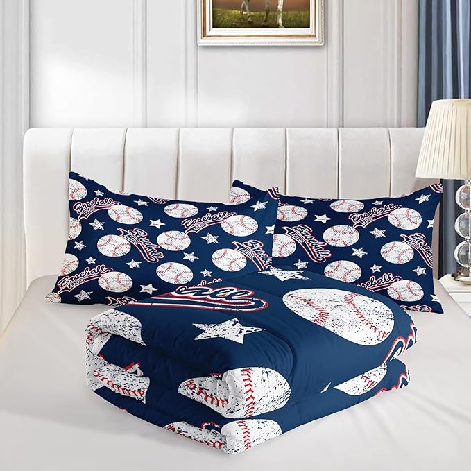 3D Baseballs Comforter King Size,Blue Baseball Kids Comforter Set,3Pcs Bedding Set Printed Comforter with 2 Pillowcases,Down Alternative,Soft and Lightweight,for All Seasons
