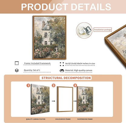 Floating Framed Canvas Vintage Wall Art, Neutral English Cottage Rose Garden Oil Paintings Print, Spring Pictures Wall Decor for Living Room Hallway Bedroom Office Rustic Decor 8x10 inch